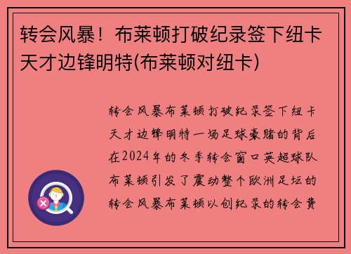 转会风暴！布莱顿打破纪录签下纽卡天才边锋明特(布莱顿对纽卡)